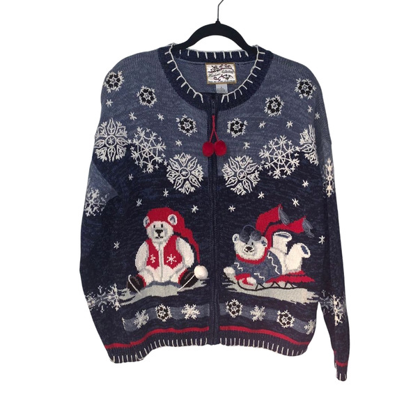 Vintage Women's Christmas Polar Bear Sweater Cardigan Size L Full Zip Pompoms - Picture 1 of 8